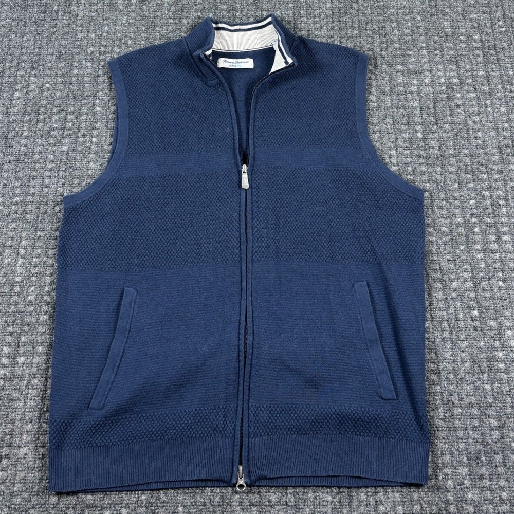 Tommy Bahama IslandZone Full Zip Sweater Vest Large Navy Blue Textured Knit L